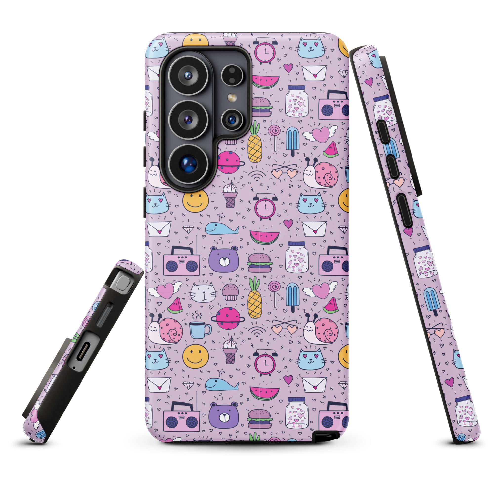 a phone case with a vibrant, colorful pattern of various cartoon-style icons and illustrations, including a variety of animals, objects, and symbols.