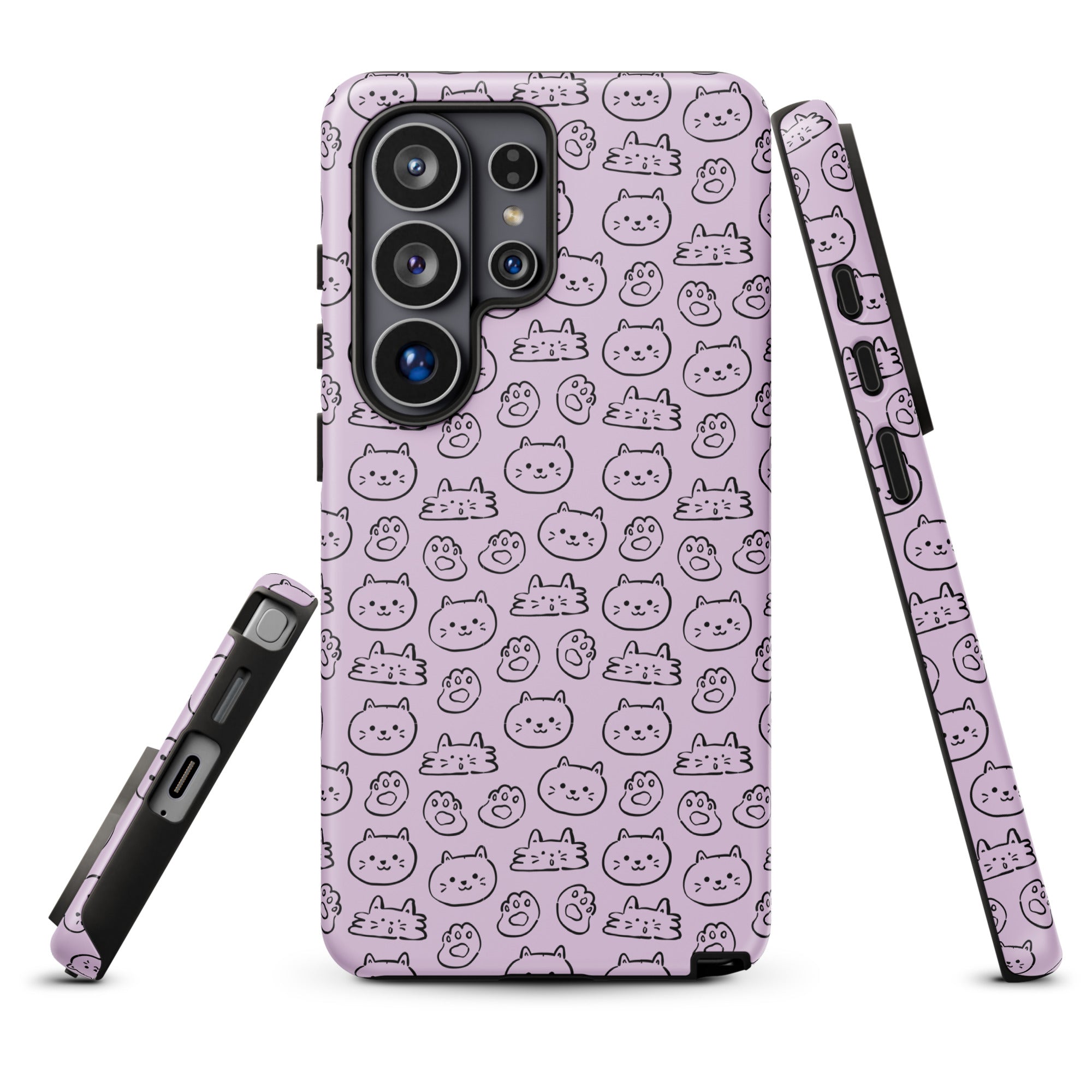 a phone case with a repeating pattern of cat faces in various poses and expressions.