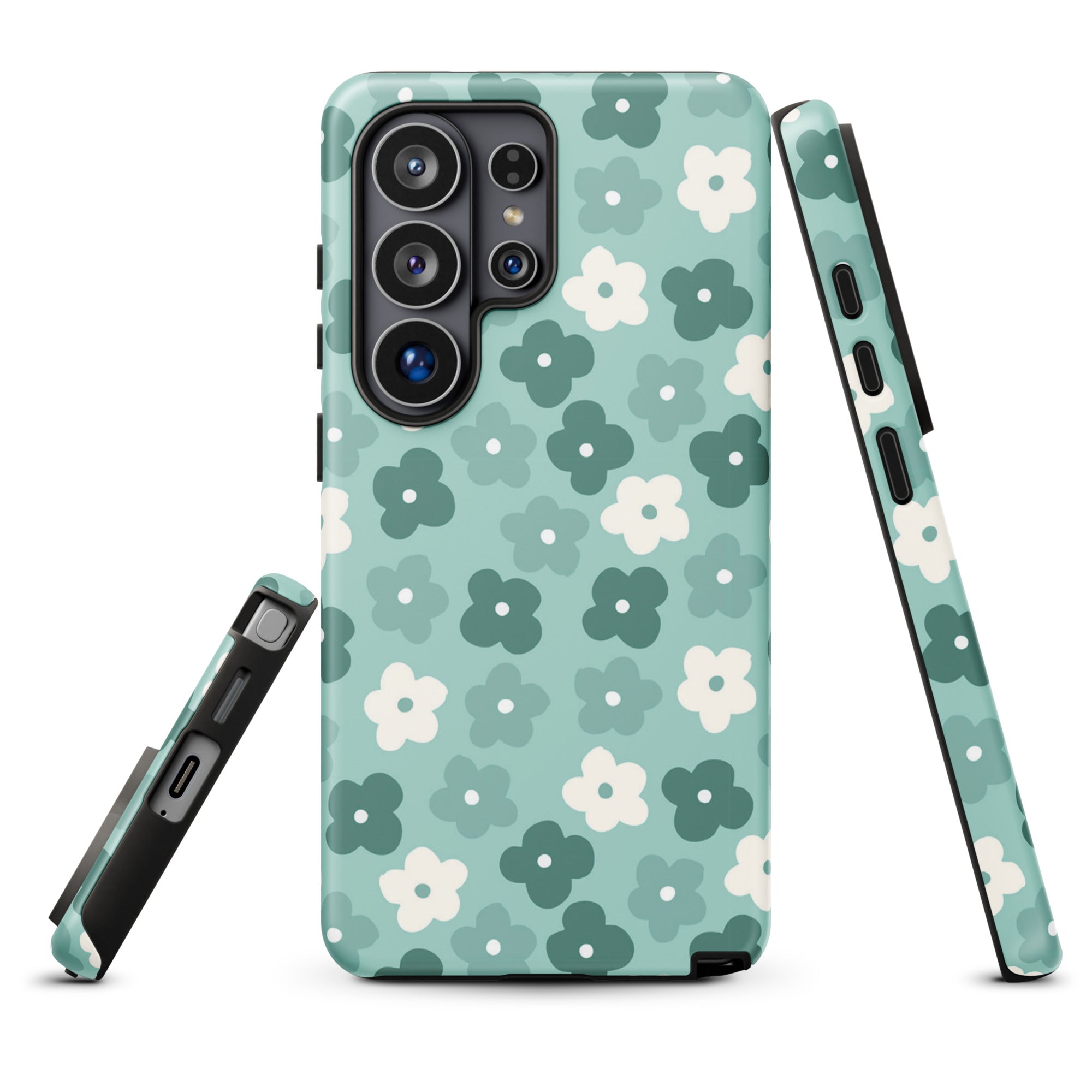 a phone case with a floral pattern in shades of green and white.