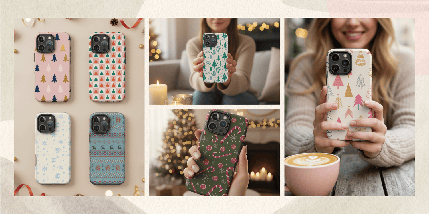 Aesthetic Christmas phone cases by Zoe + Zelda – pastel trees, candy cane, and cozy holiday designs for iPhone.