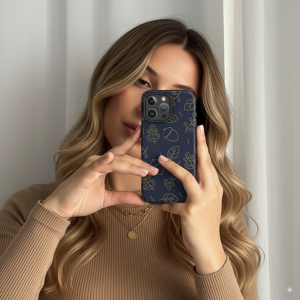 Navy Acorn Leaf Tough Case for iPhone