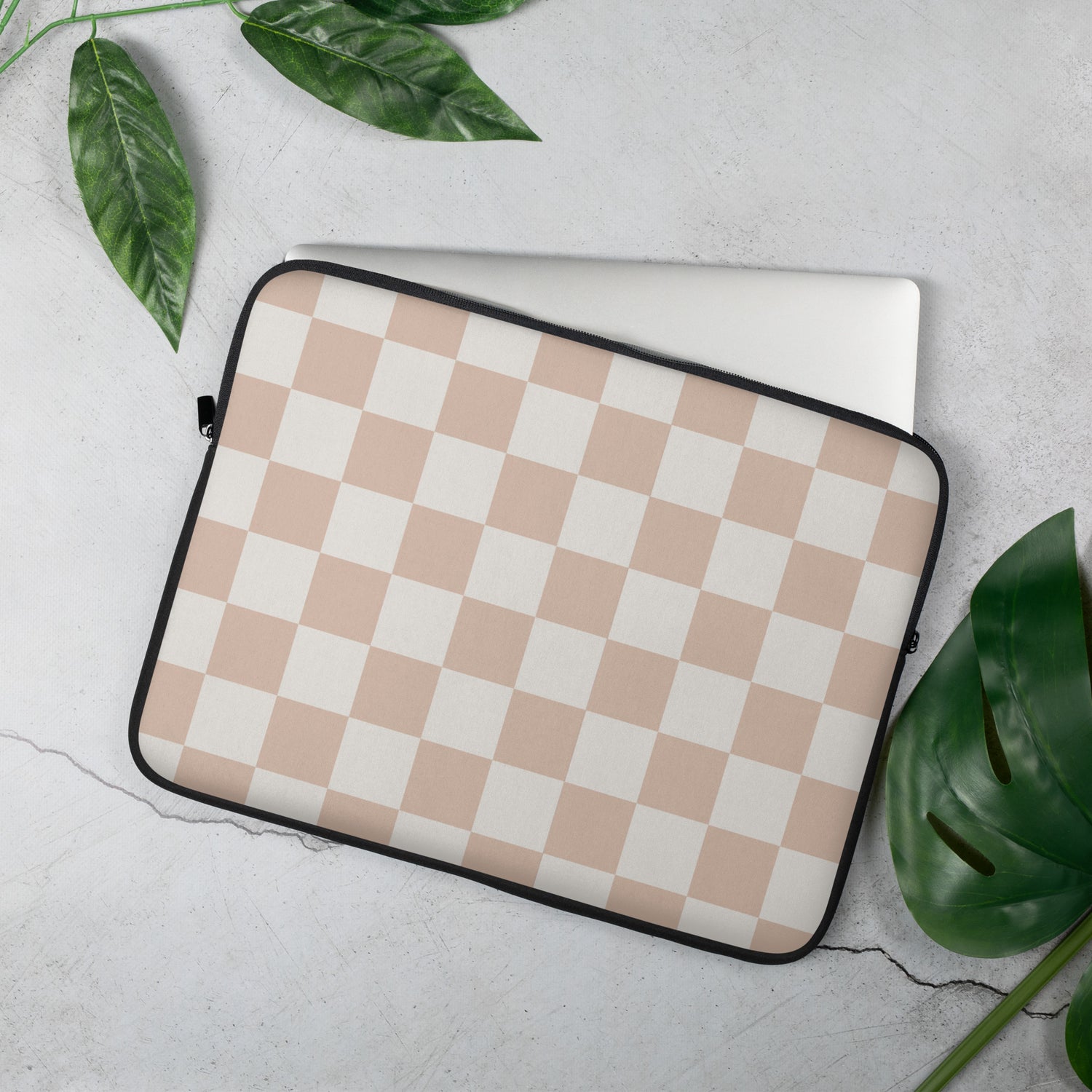 Beige and Ivory Checkered Laptop Sleeve