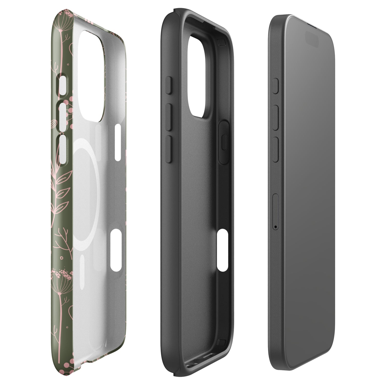 Olive Green Pink Line Art Floral MagSafe Tough Case for iPhone