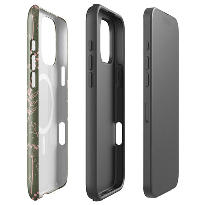 Olive Green Pink Line Art Floral MagSafe Tough Case for iPhone