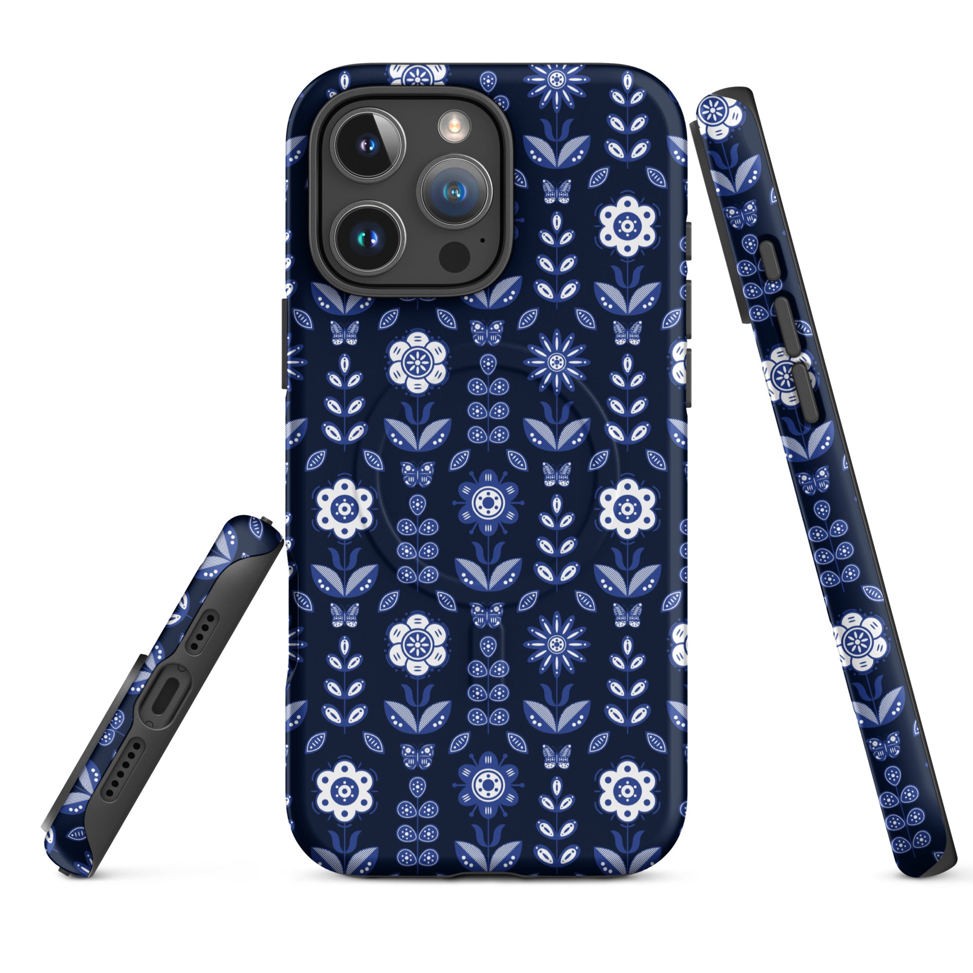 Navy Folk Floral MagSafe Tough Case for iPhone
