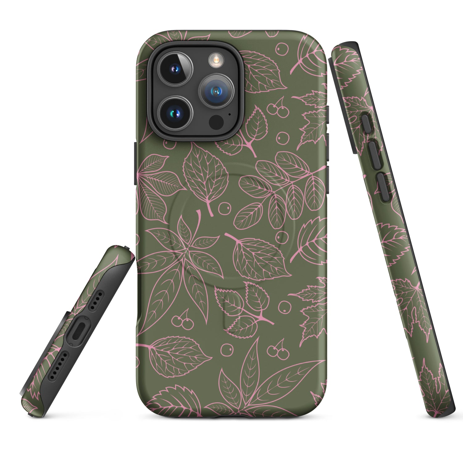 Pink on Olive Leaf Pattern MagSafe Tough Case for iPhone