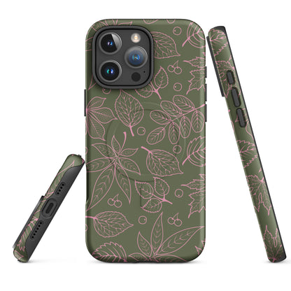 Pink on Olive Leaf Pattern MagSafe Tough Case for iPhone