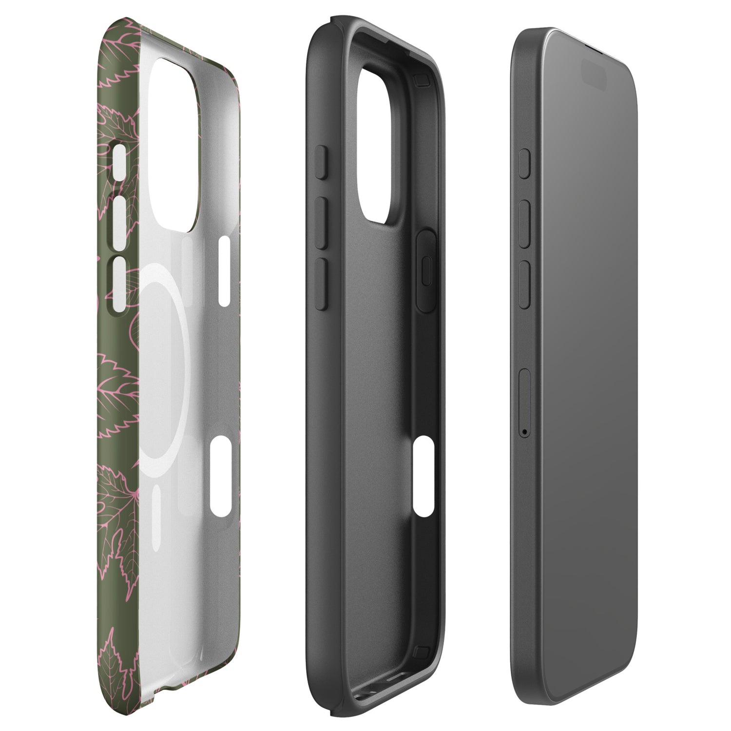Pink on Olive Leaf Pattern MagSafe Tough Case for iPhone
