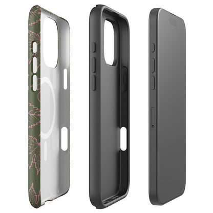 Pink on Olive Leaf Pattern MagSafe Tough Case for iPhone