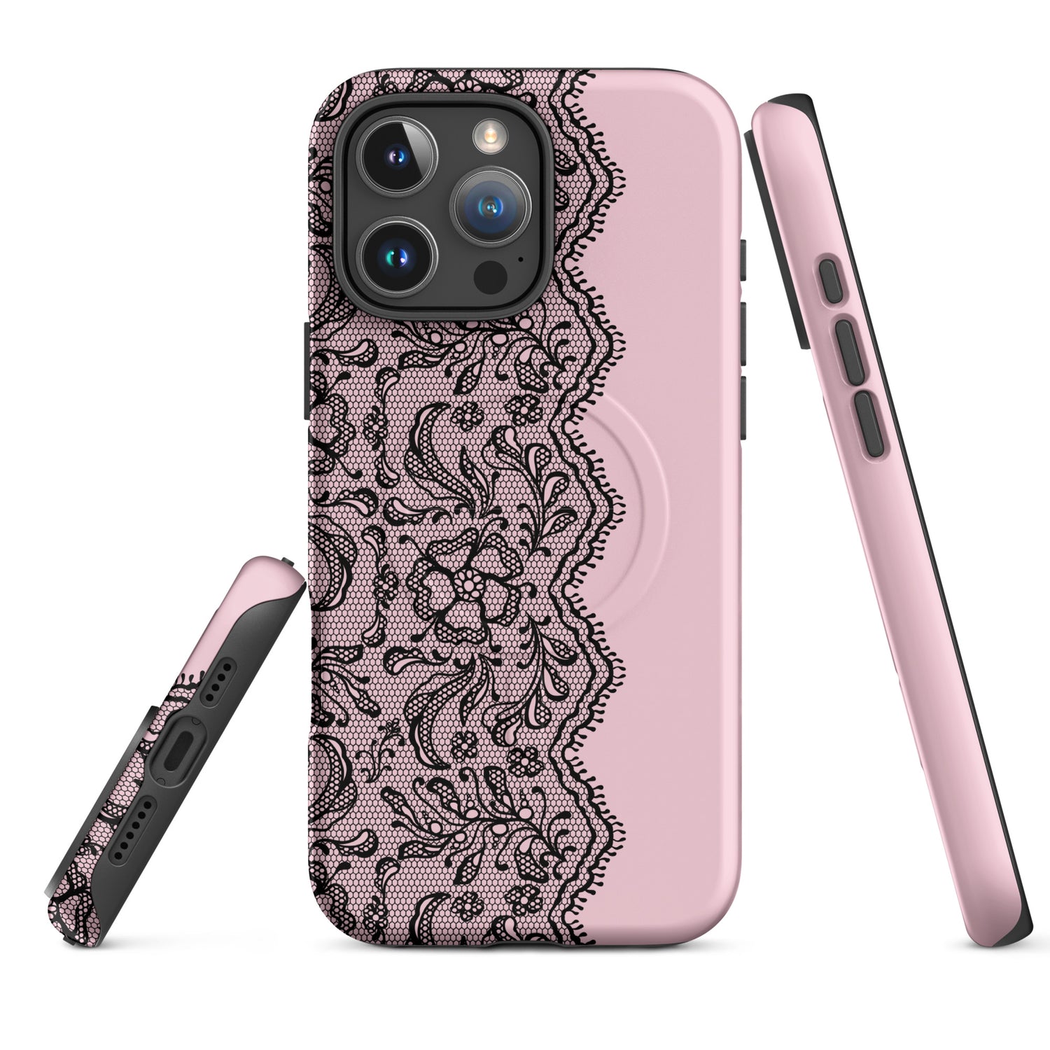Blush Pink Black Lace Edge MagSafe Tough Case for iPhone
