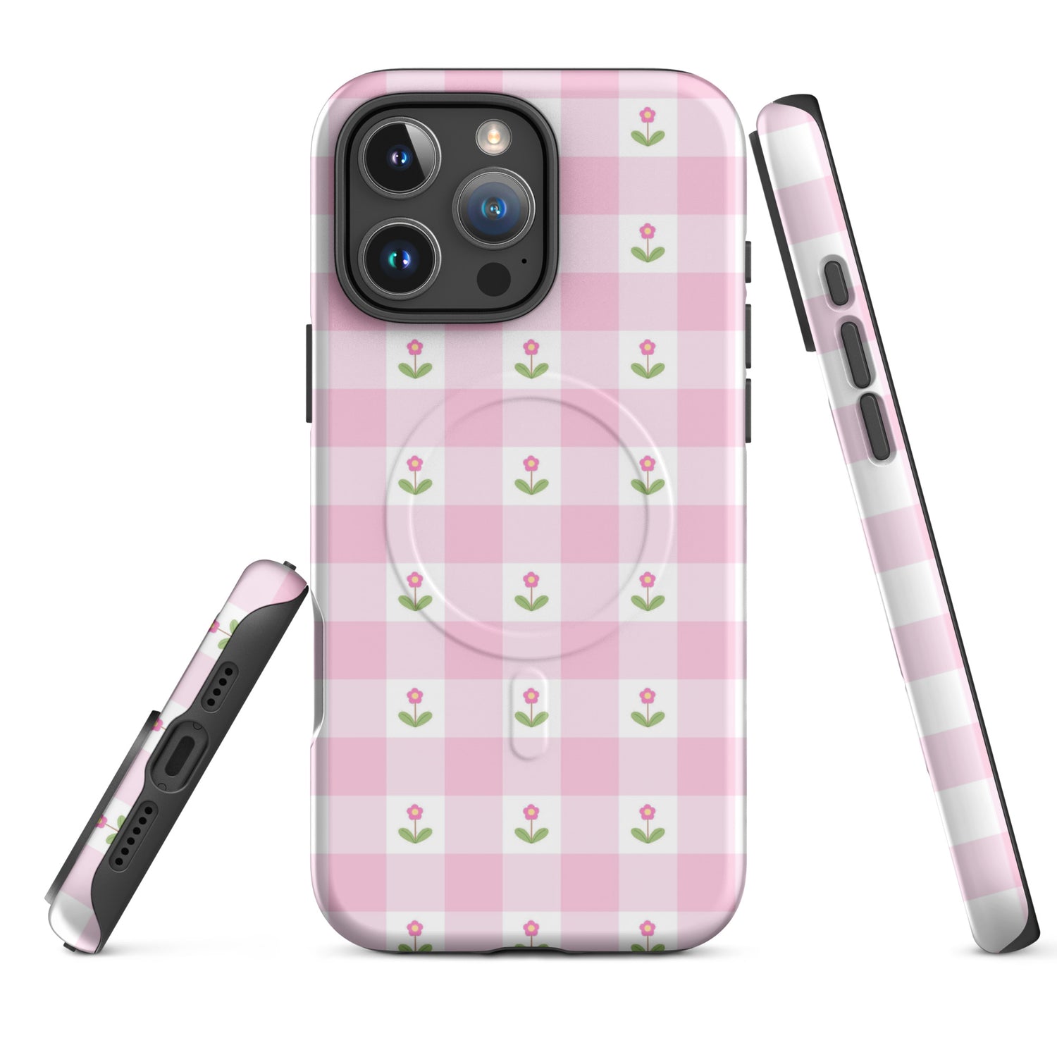 Blush Pink Gingham Floral MagSafe Tough Case for iPhone
