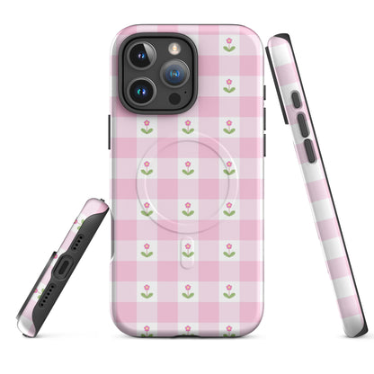 Blush Pink Gingham Floral MagSafe Tough Case for iPhone