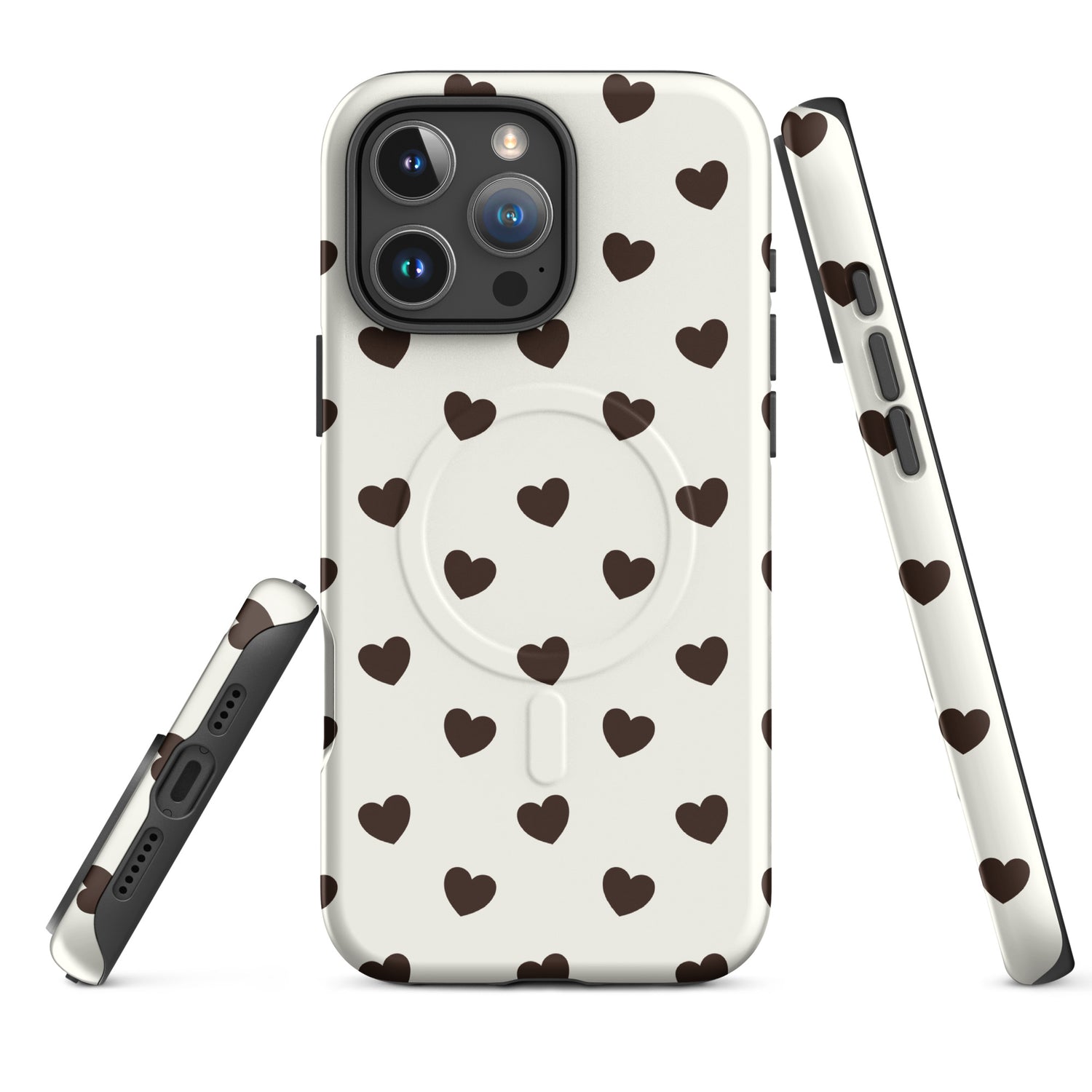 Chocolate Brown Heart Pattern on Cream MagSafe Tough Case for iPhone