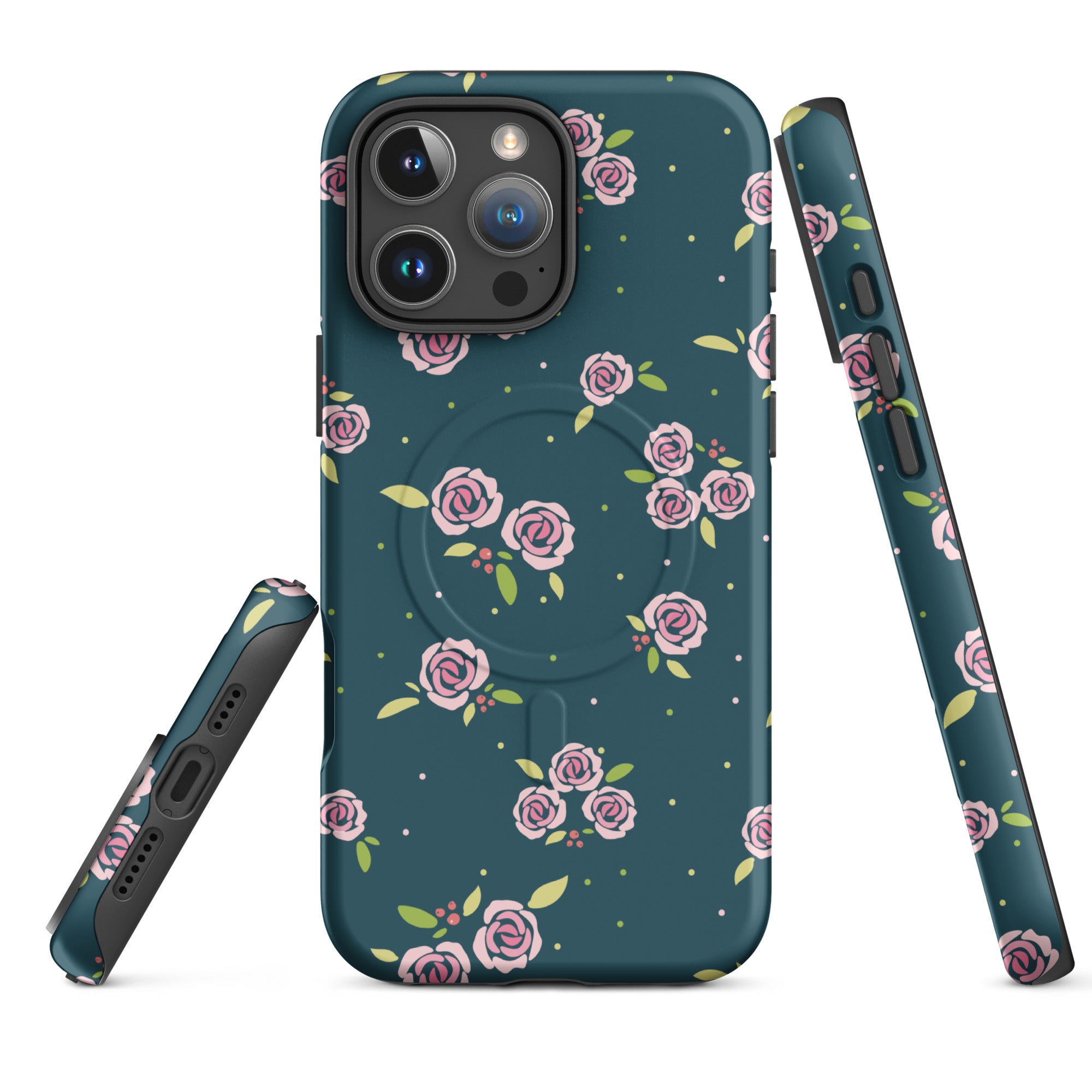 Deep Teal Rose Floral MagSafe Tough Case for iPhone