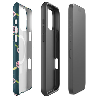 Deep Teal Rose Floral MagSafe Tough Case for iPhone