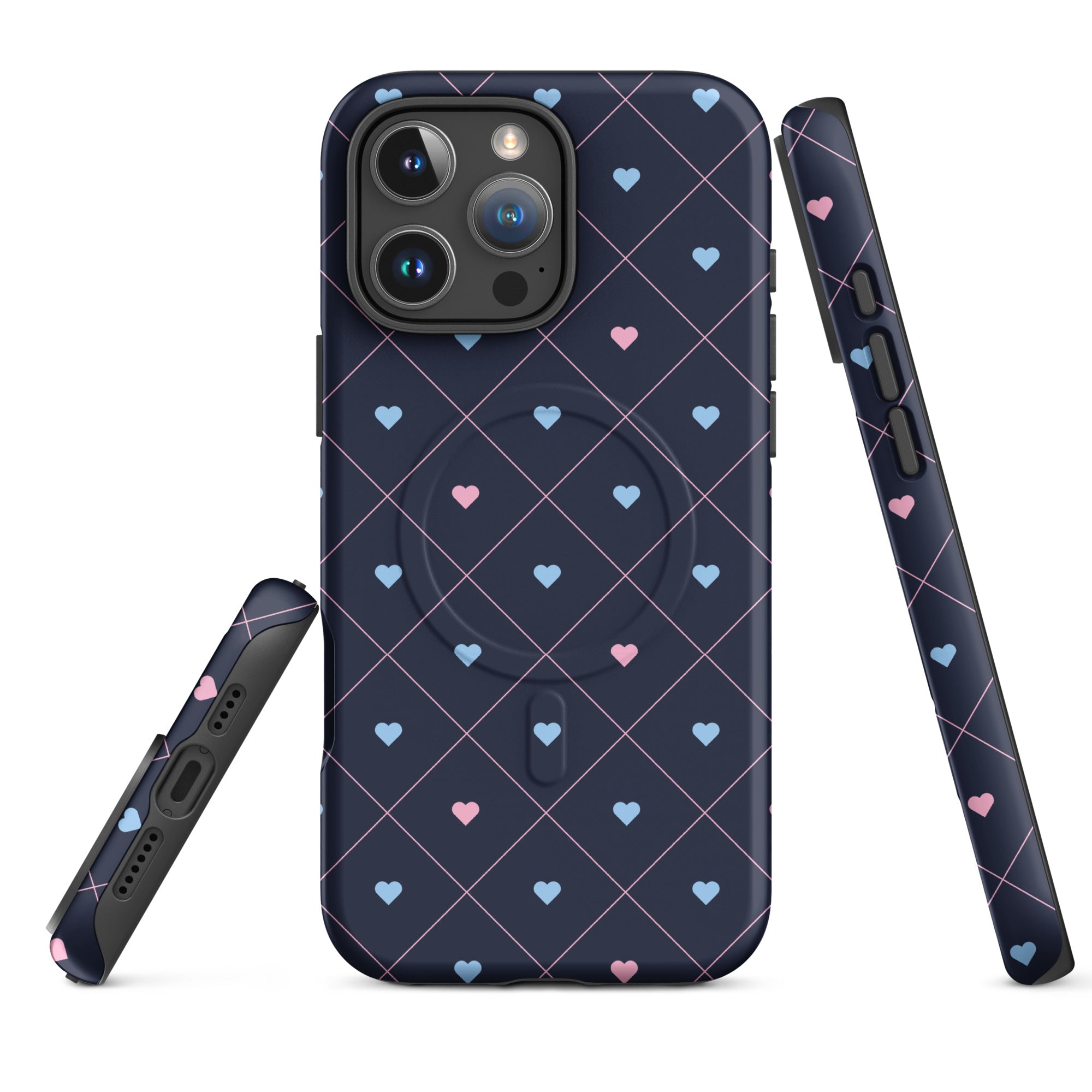 Midnight Navy Heart Grid MagSafe Tough Case for iPhone