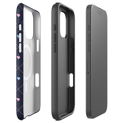 Midnight Navy Heart Grid MagSafe Tough Case for iPhone