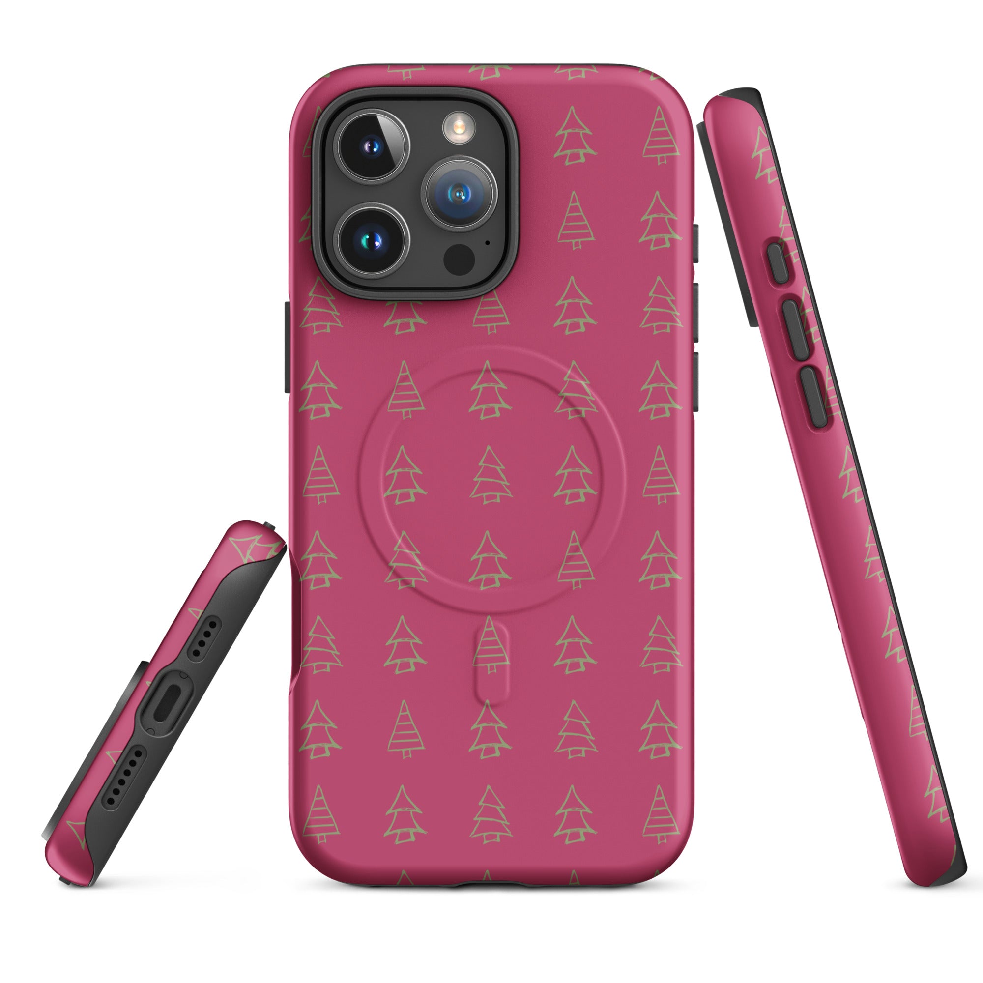 Pink Holiday Tree Pattern MagSafe Tough Case for iPhone