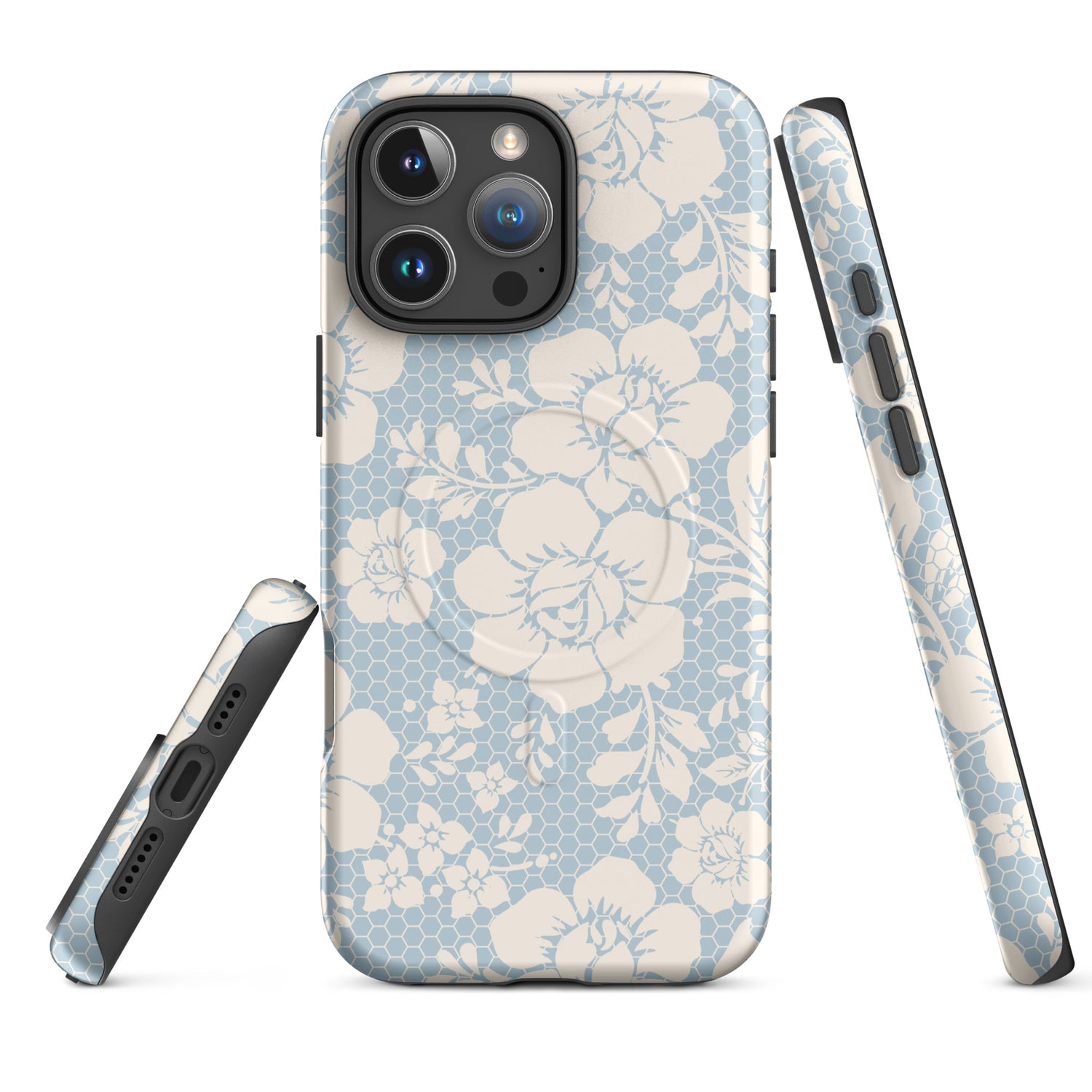 Powder Blue Lace Floral Honeycomb MagSafe Tough Case for iPhone