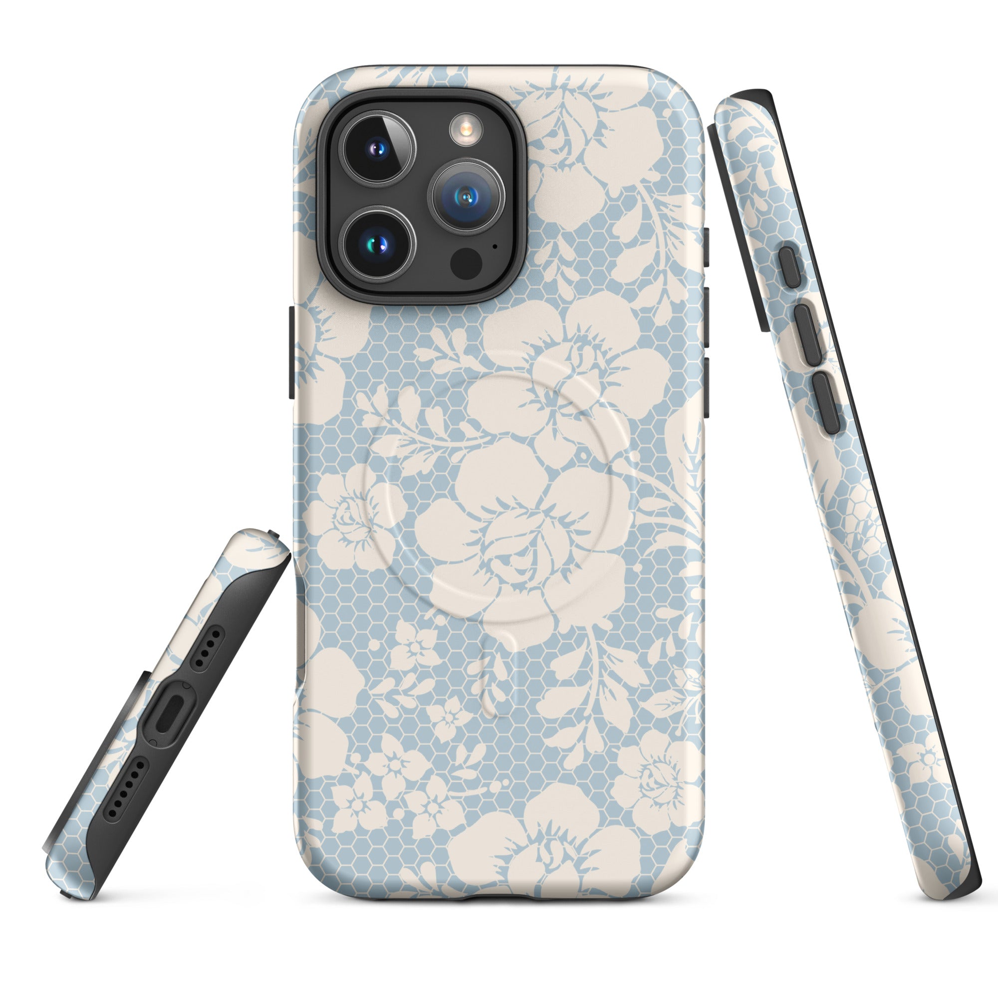 Powder Blue Lace Floral Honeycomb MagSafe Tough Case for iPhone