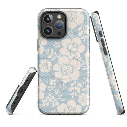 Powder Blue Lace Floral Honeycomb MagSafe Tough Case for iPhone