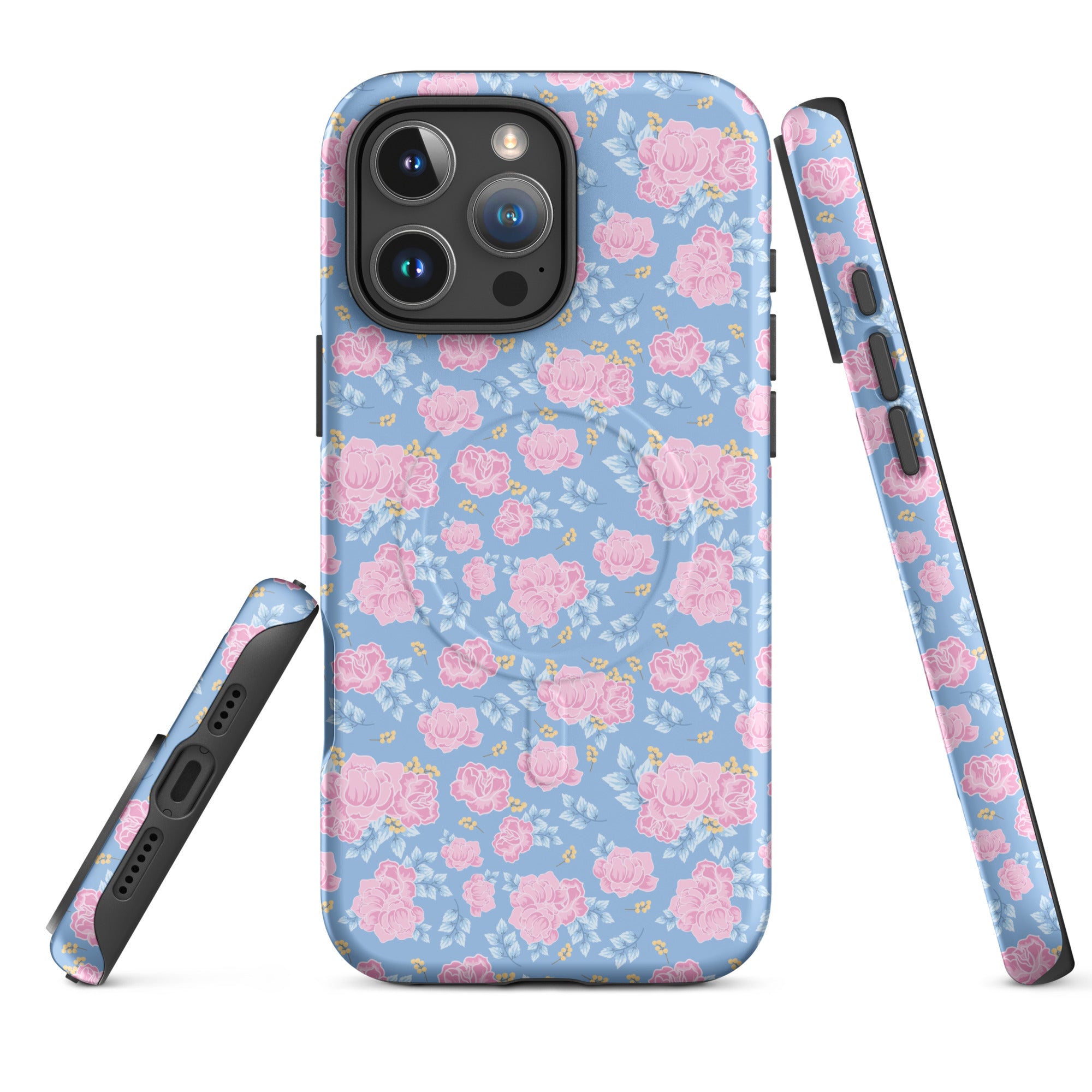Powder Blue Pink Floral MagSafe Tough Case for iPhone