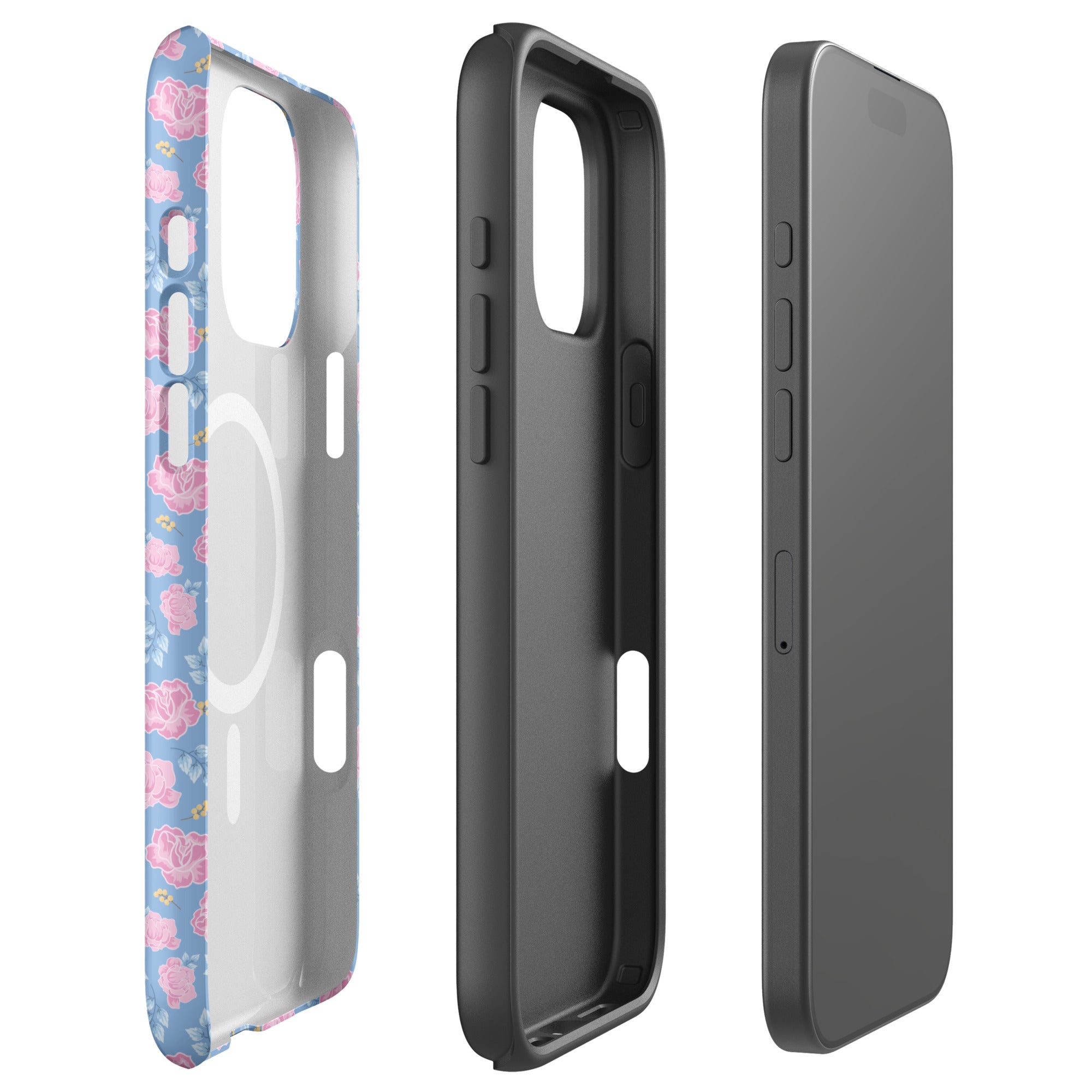 Powder Blue Pink Floral MagSafe Tough Case for iPhone