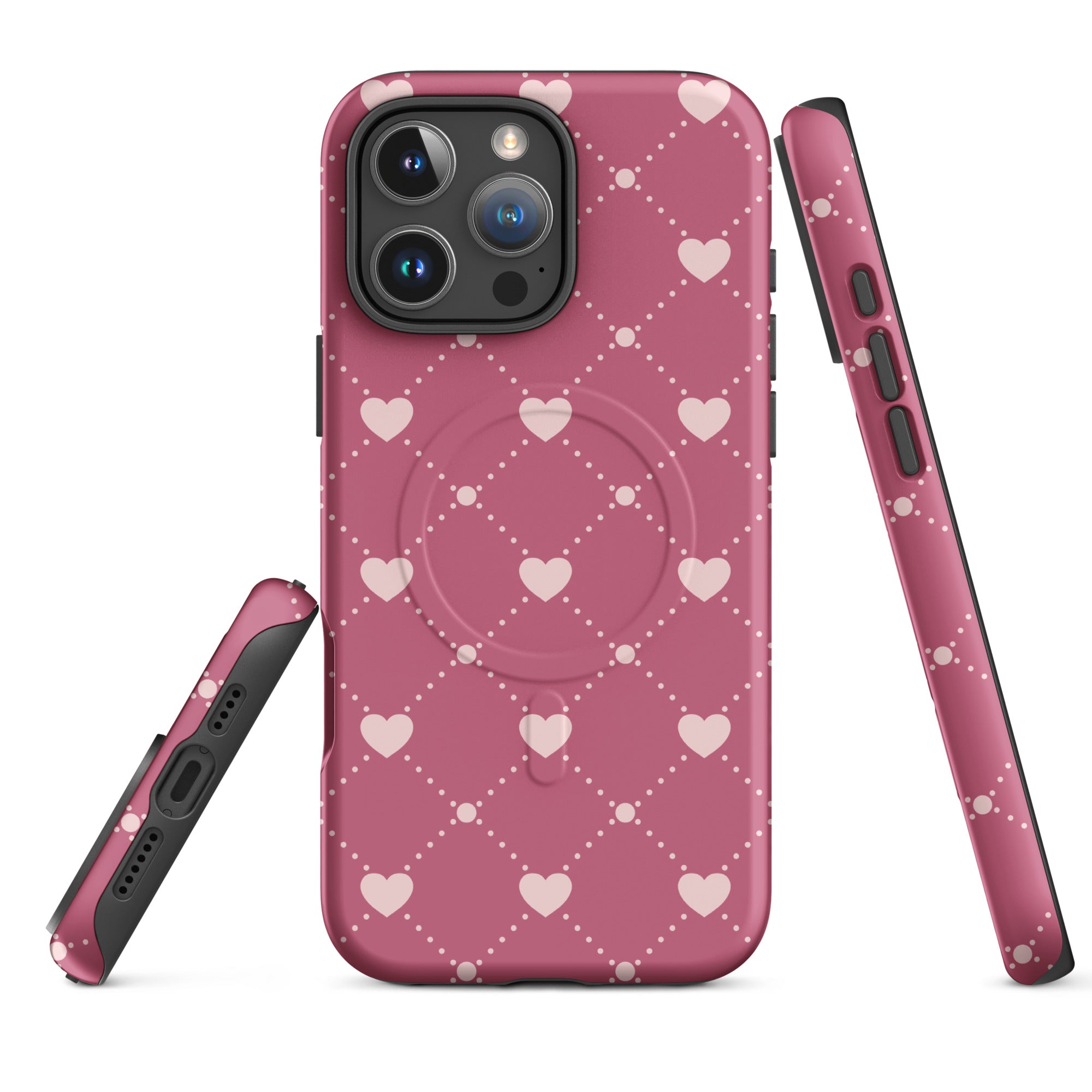 Roseberry Pink Heart Grid MagSafe Tough Case for iPhone