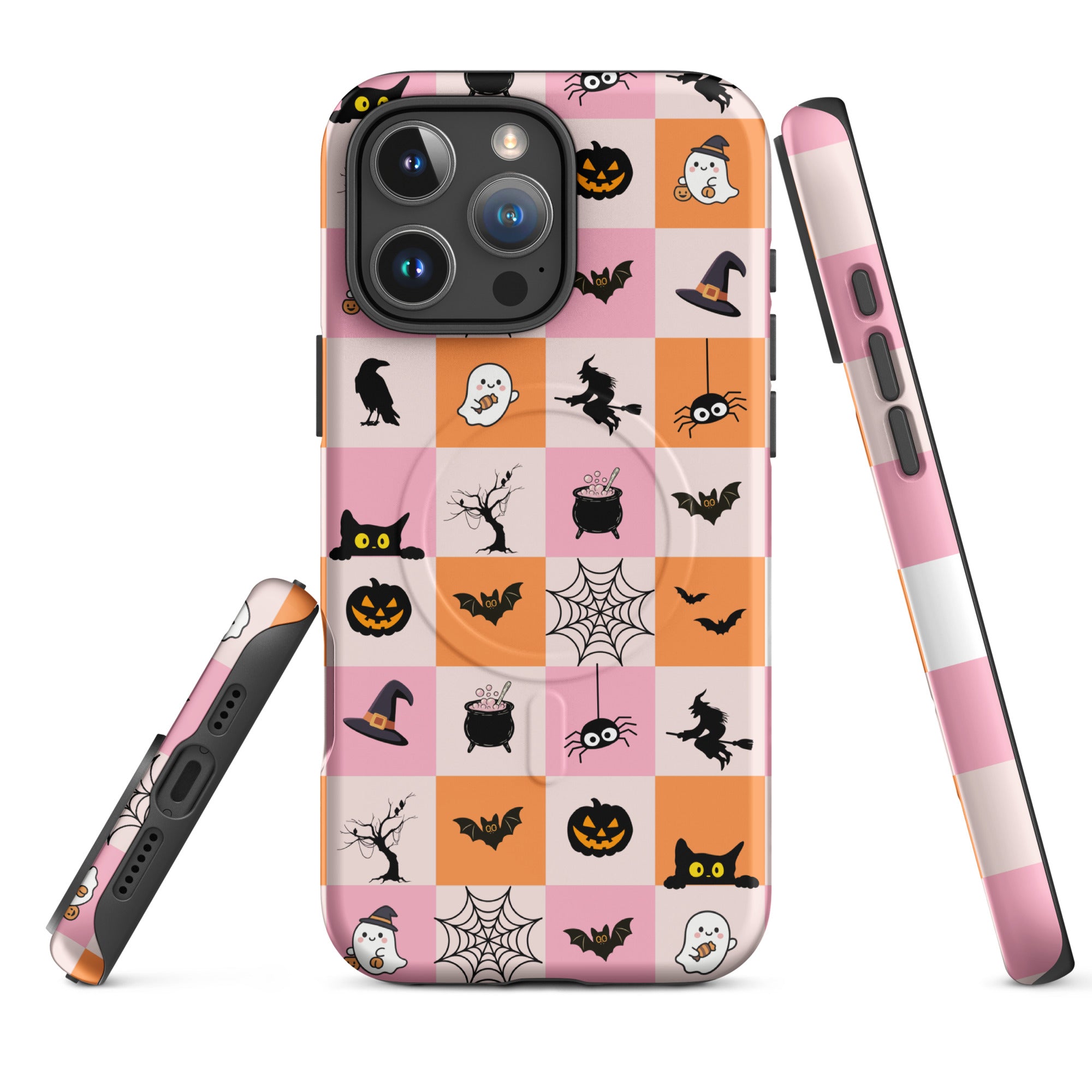 Pink &amp; Orange Halloween Checkerboard MagSafe Tough Case for iPhone