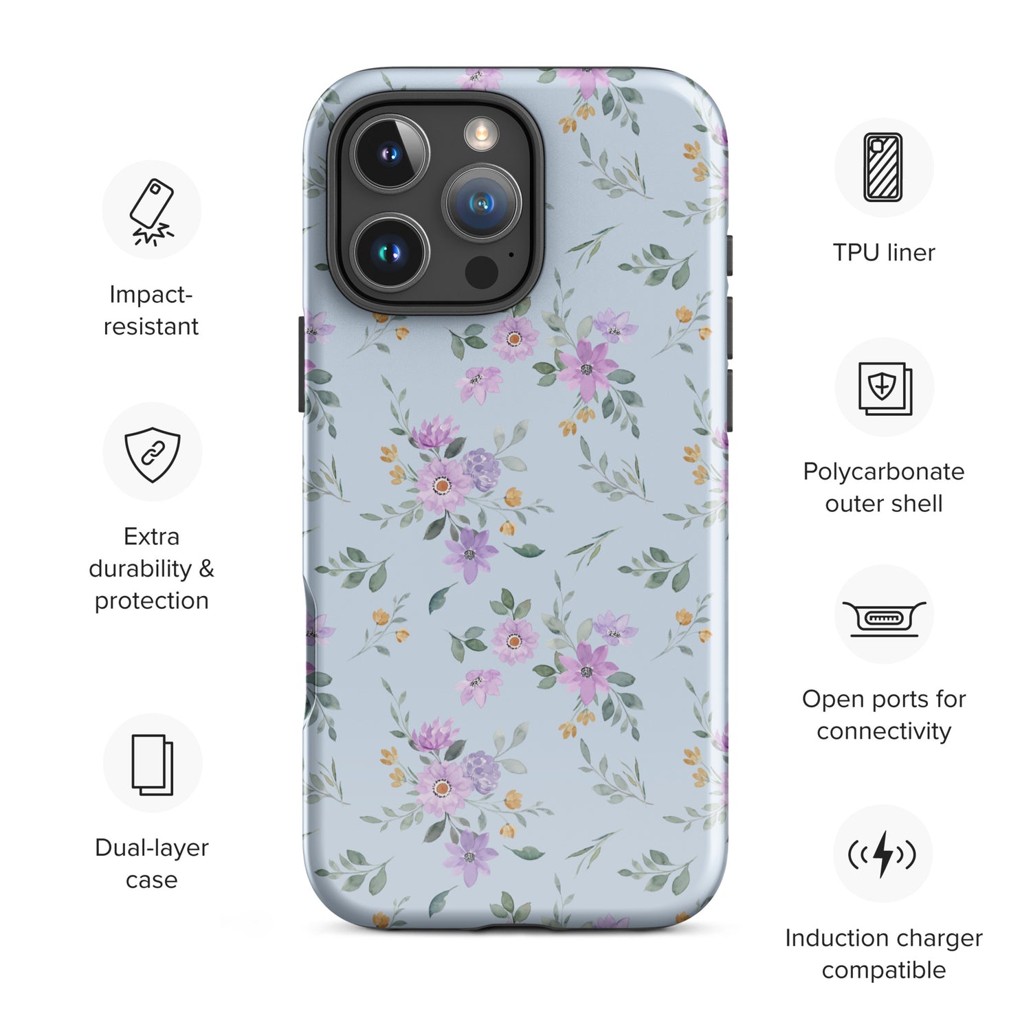 Floral Blue and Lilac Tough Case for iPhone