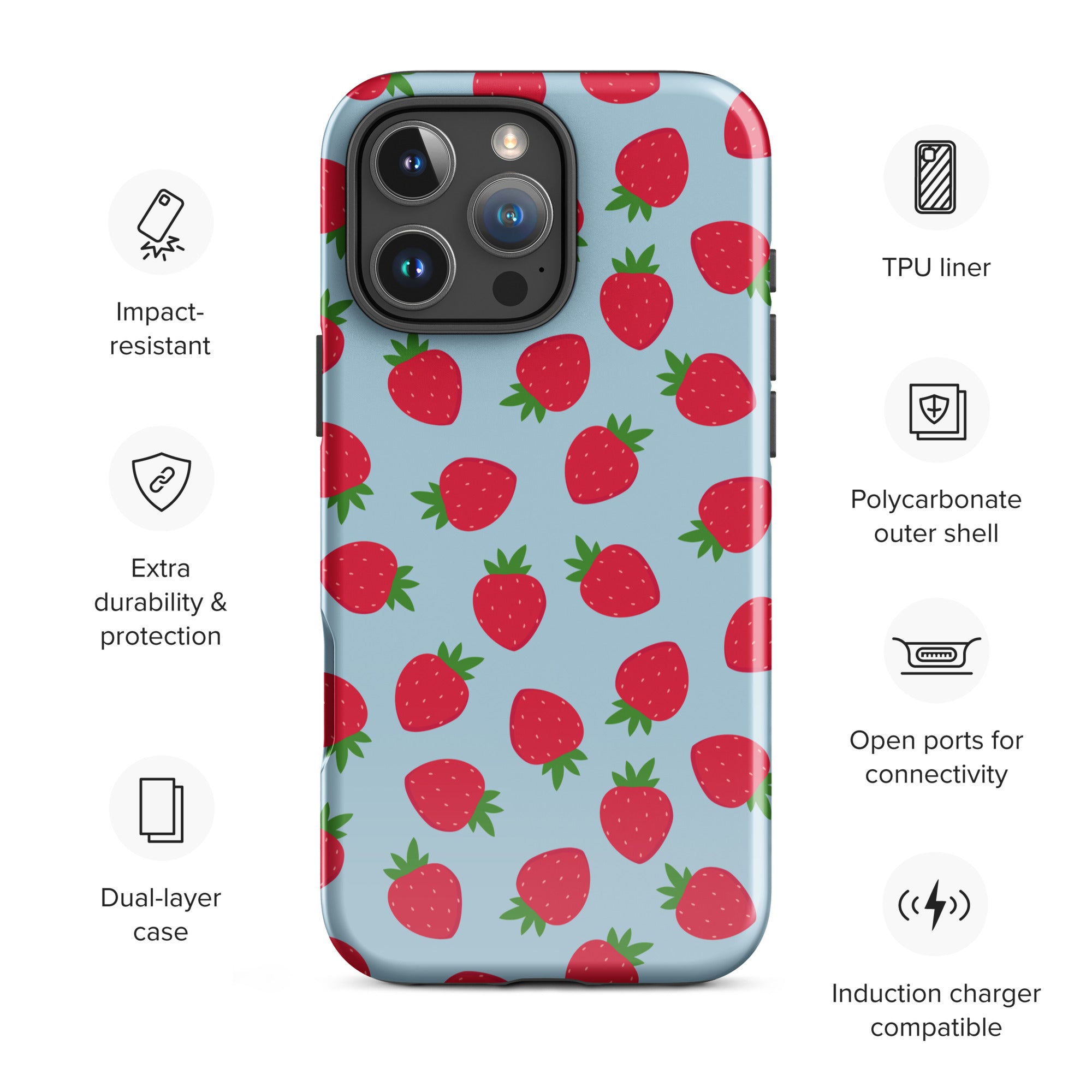 Blue Strawberry Print Tough Case for iPhone
