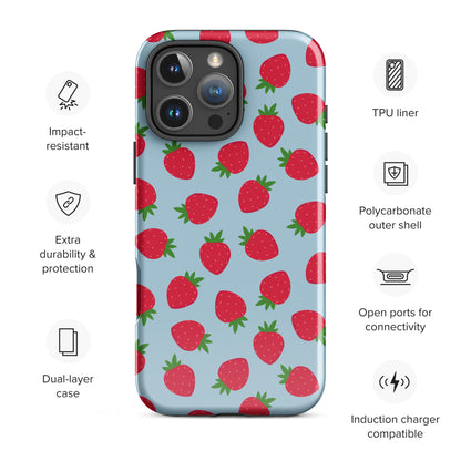 Blue Strawberry Print Tough Case for iPhone