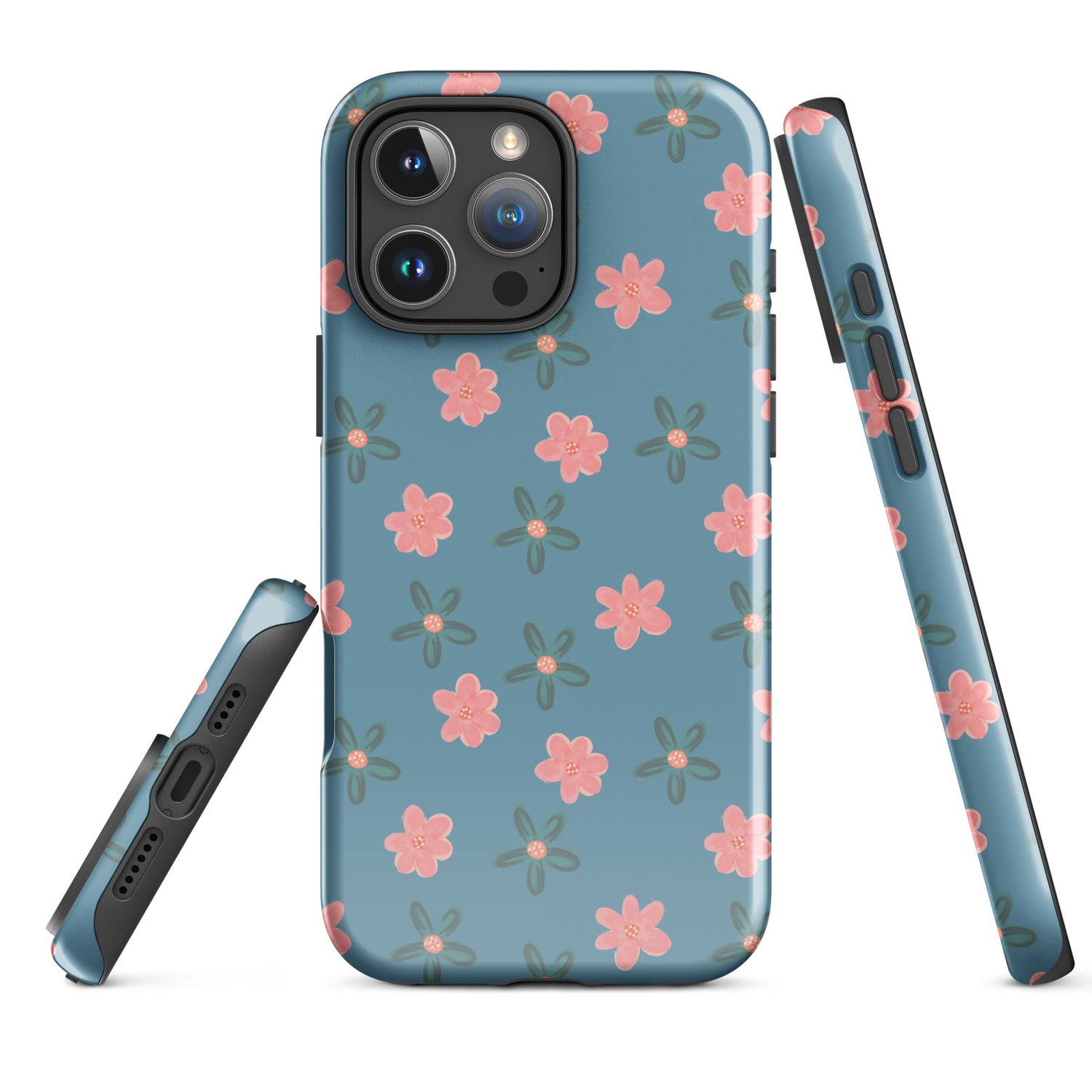 Pink Flower on Blue Tough Case for iPhone
