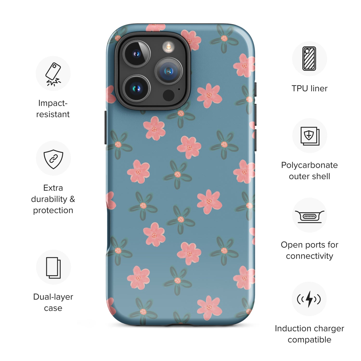 Pink Flower on Blue Tough Case for iPhone