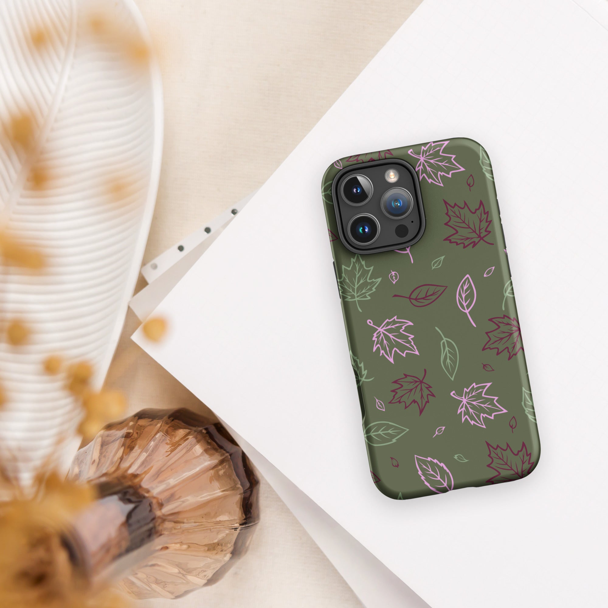 Olive Green Autumn Leaves Tough Case for iPhone