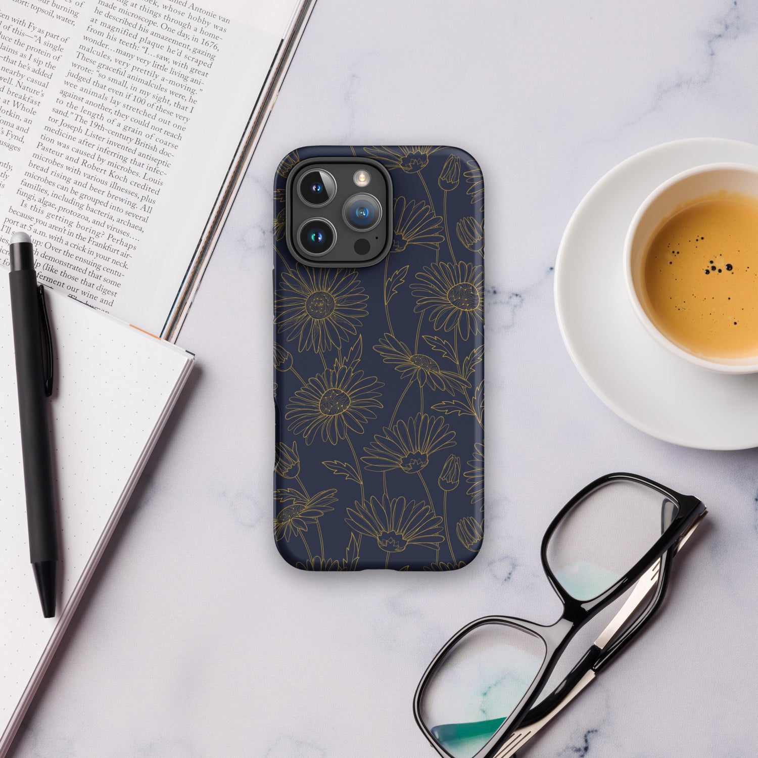 Navy and Gold Daisy Floral Tough Case for iPhone