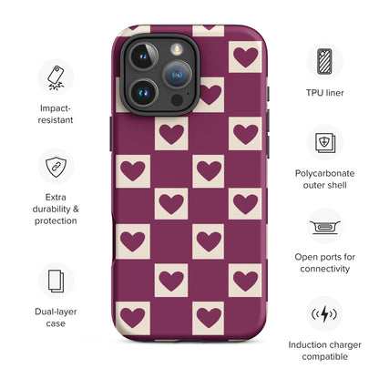 Berry Red Checkered Heart Tough Case for iPhone