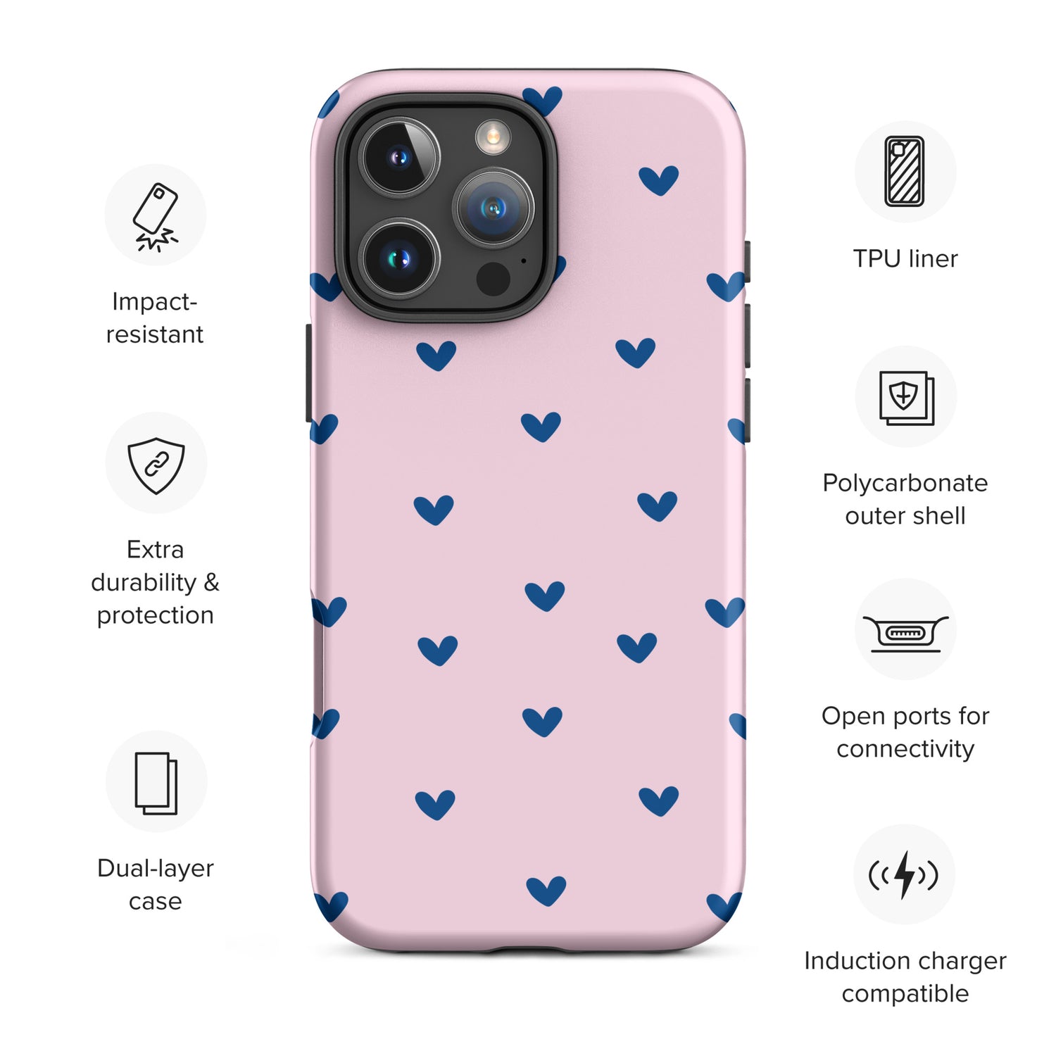Blush Pink Heart Pattern Navy Tough Case for iPhone