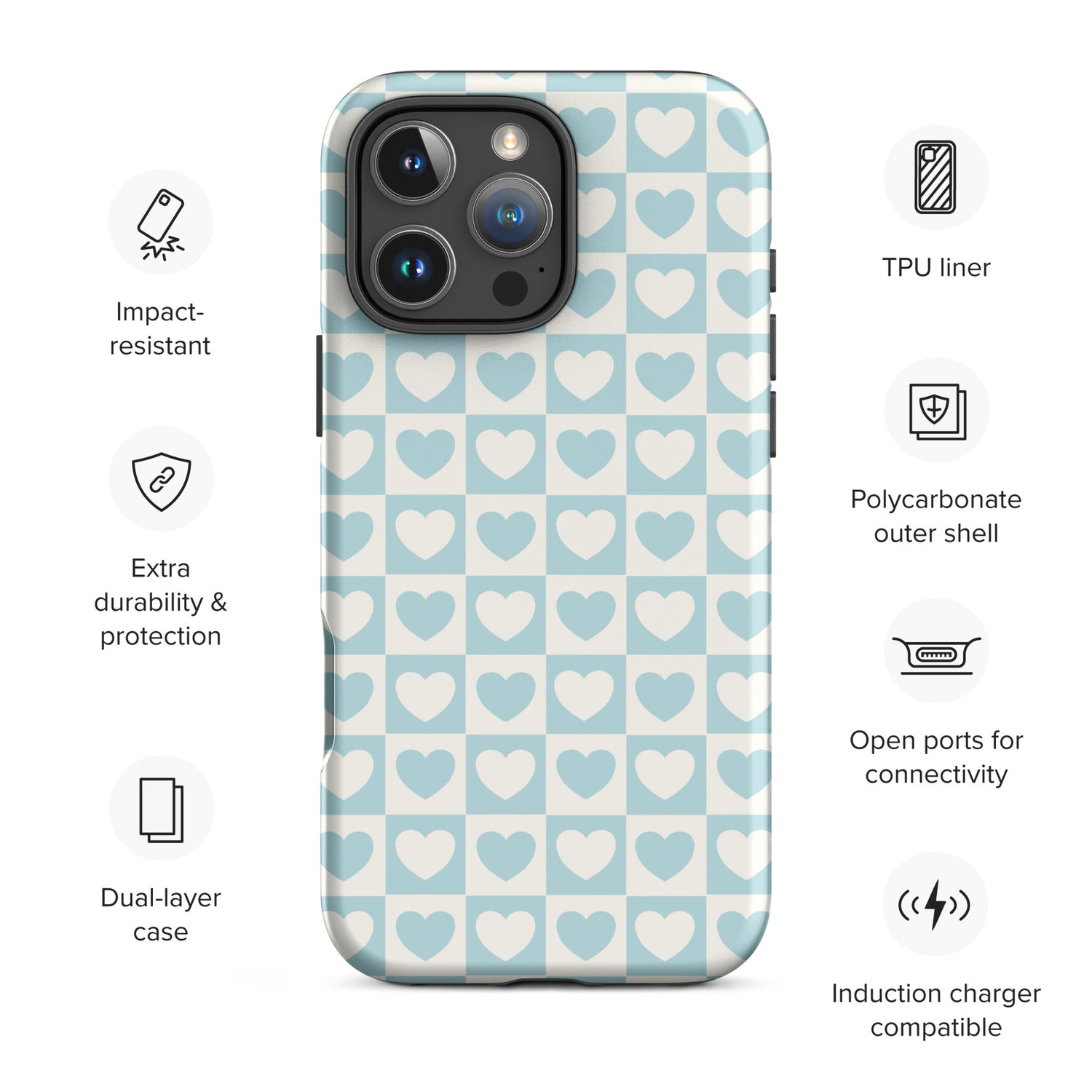 Powder Blue Heart Grid Tough Case for iPhone