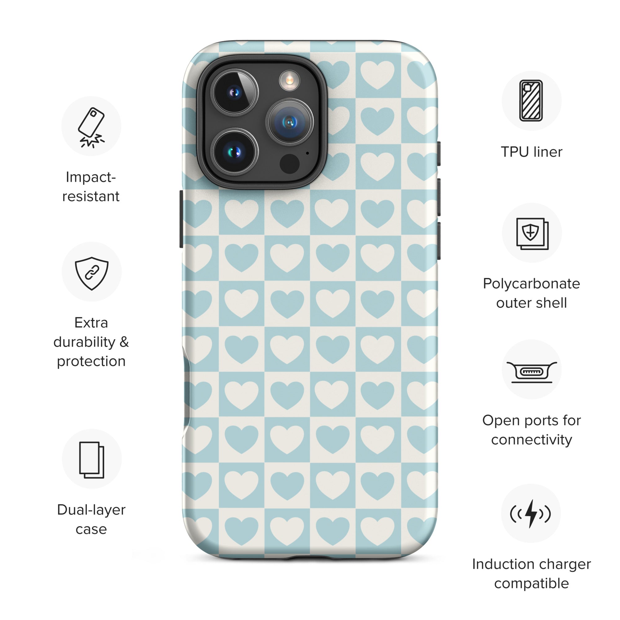 Powder Blue Heart Grid Tough Case for iPhone