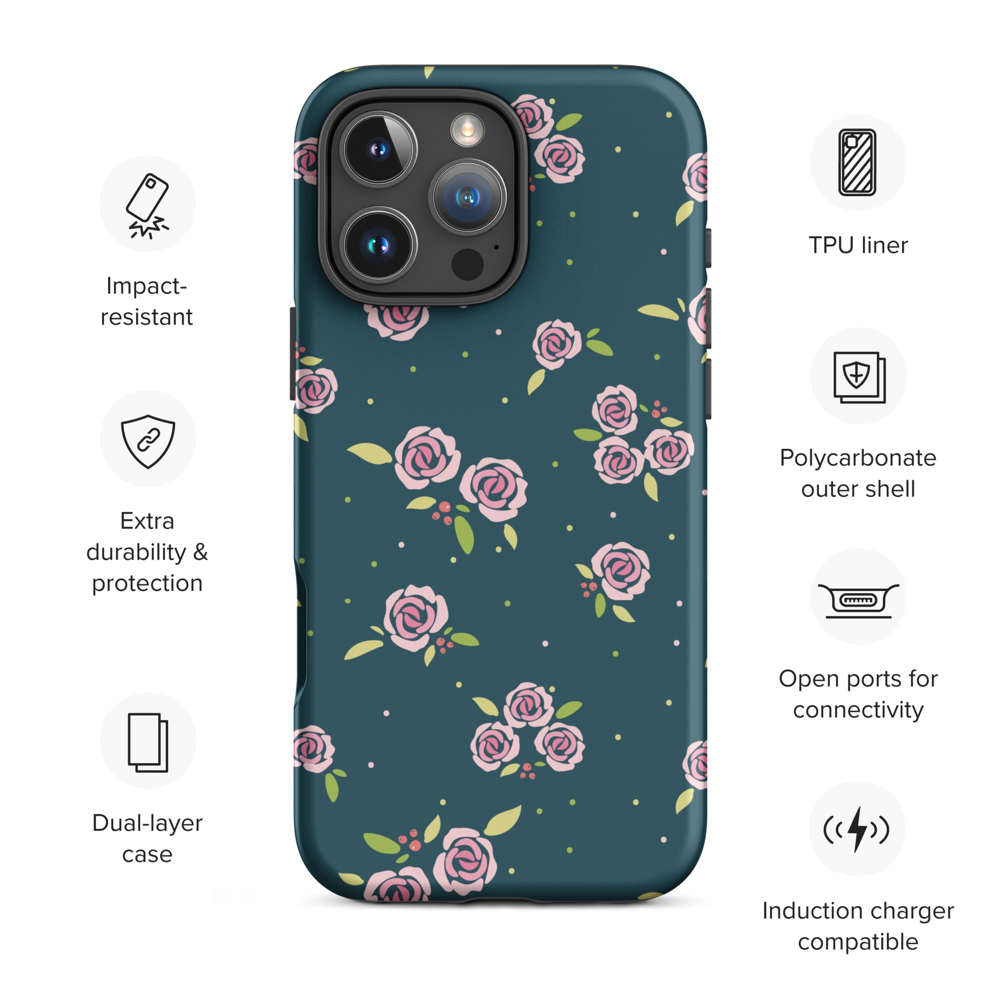 Deep Teal Rose Floral Tough Case for iPhone