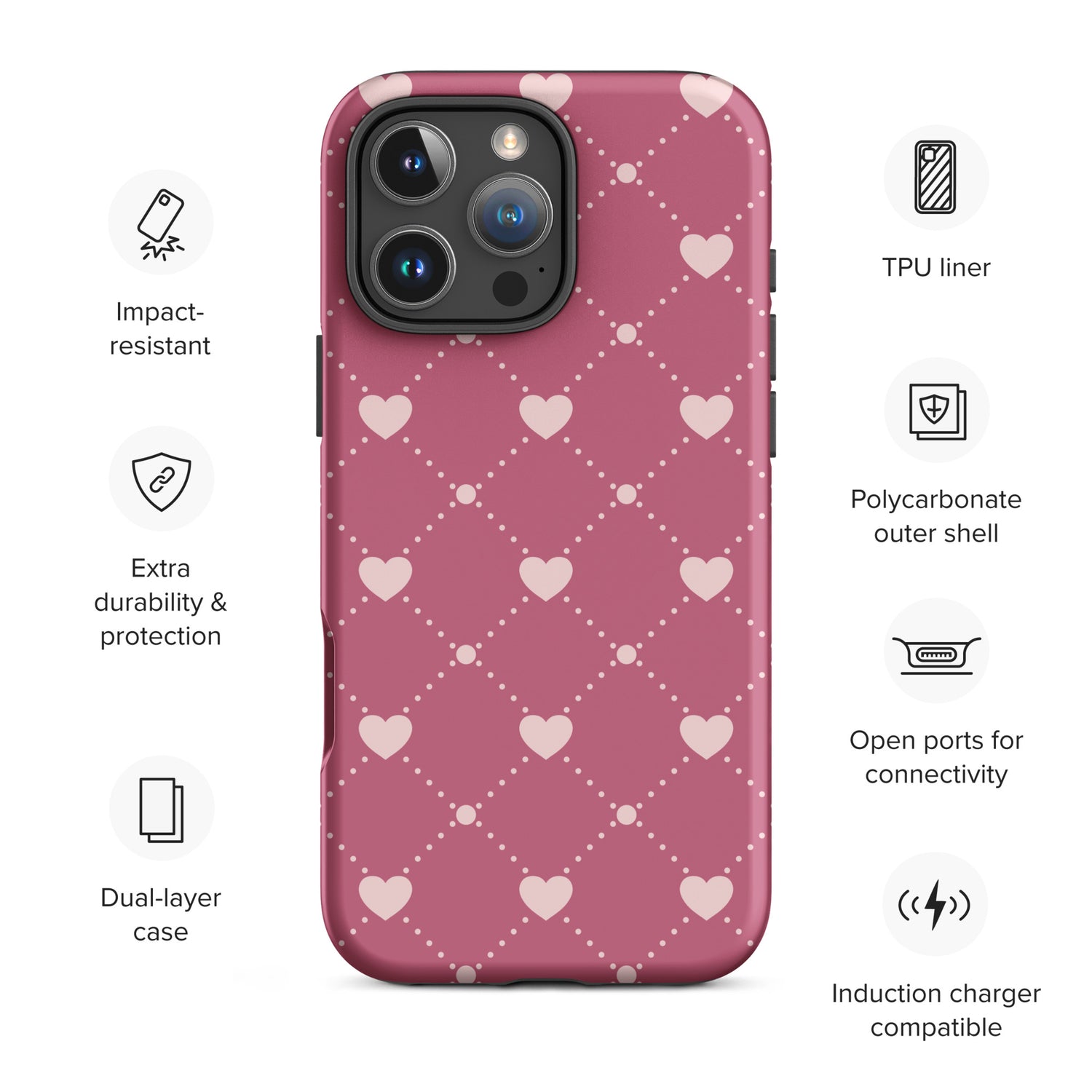 Roseberry Pink Heart Grid Tough Case for iPhone