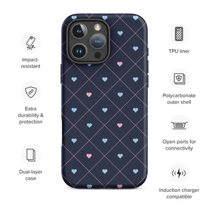 Midnight Navy Heart Grid Tough Case for iPhone
