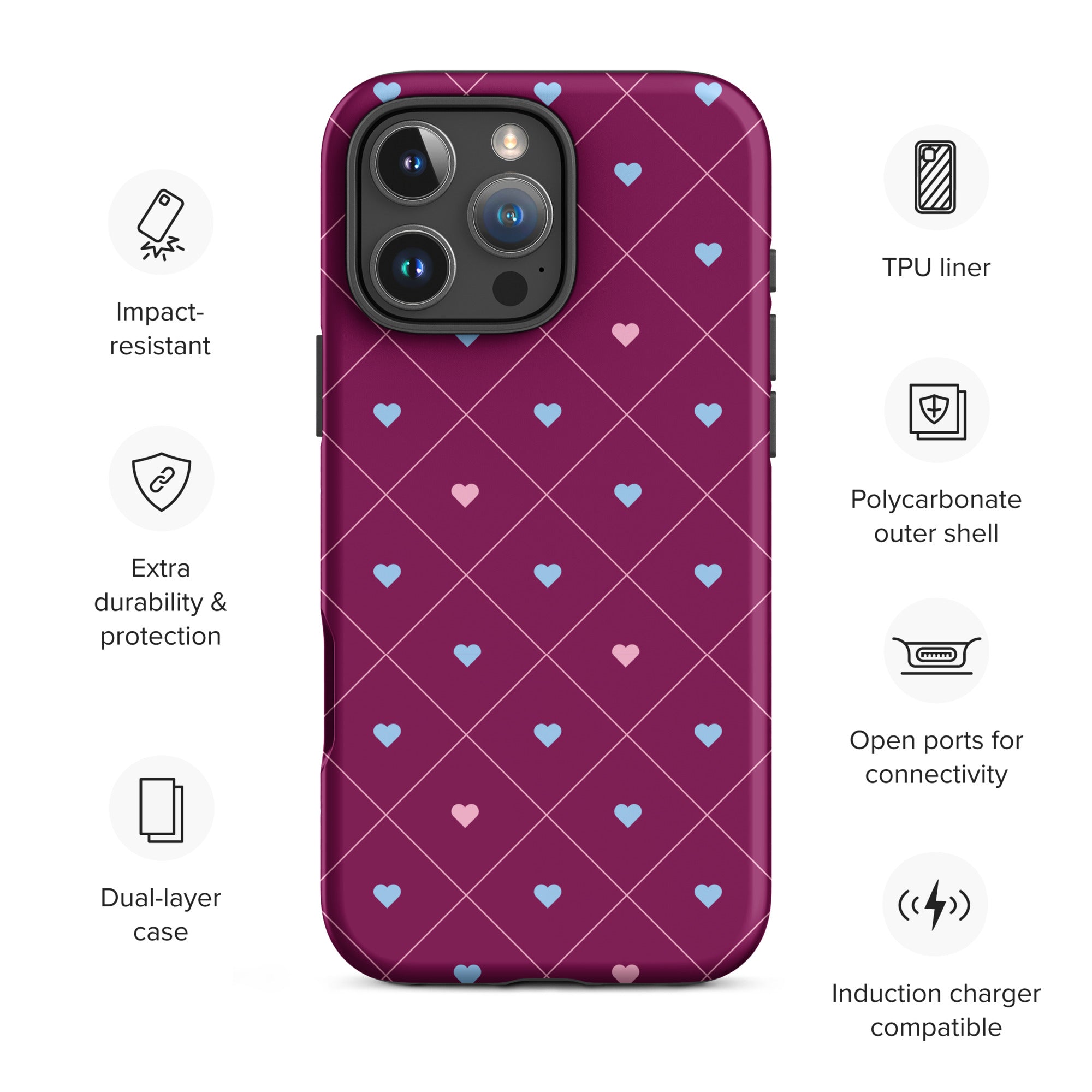 Pomegranate Heart Grid Tough Case for iPhone