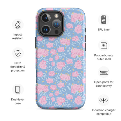 Powder Blue Pink Floral Tough Case for iPhone
