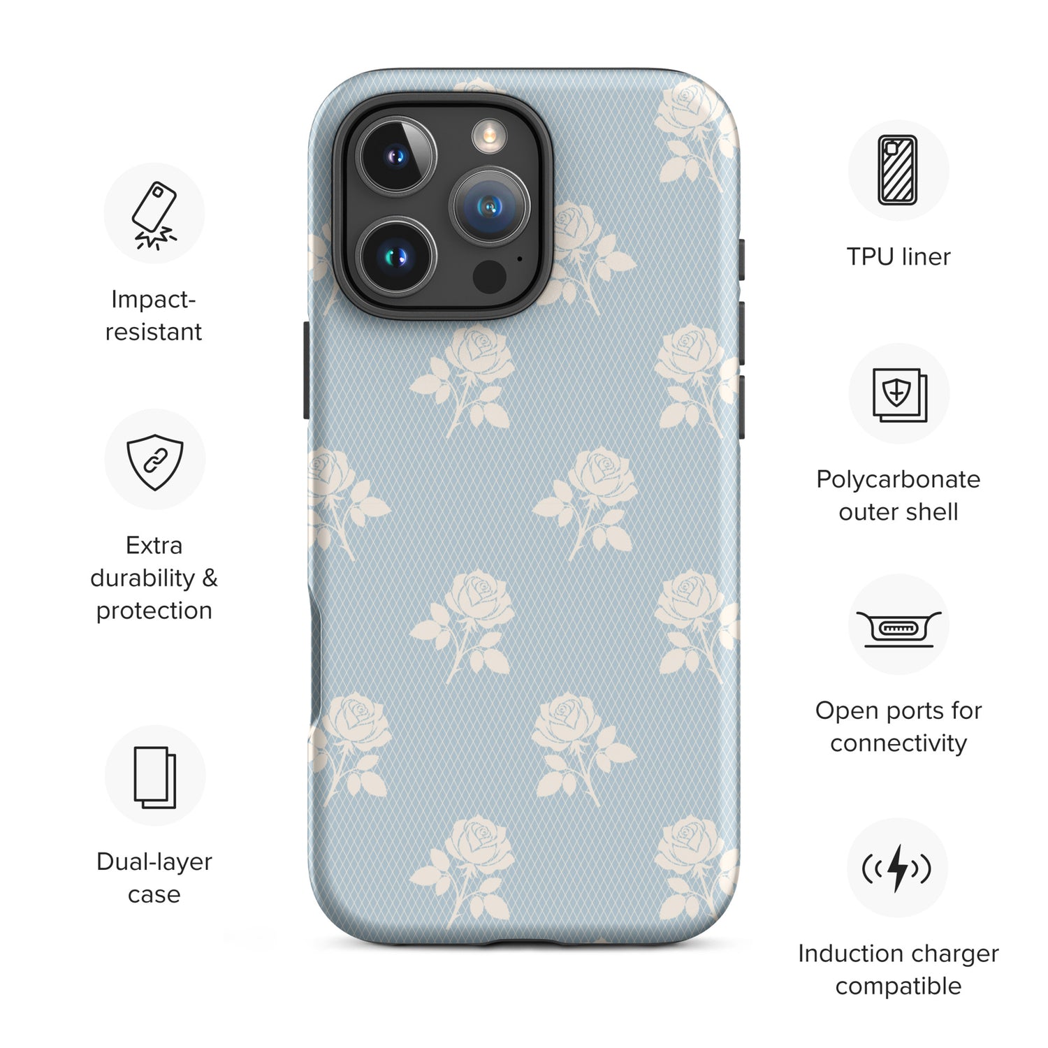Powder Blue Lace Rose Grid Tough Case for iPhone