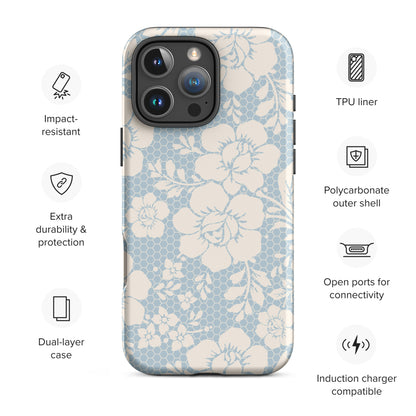 Powder Blue Lace Floral Honeycomb Tough Case for iPhone
