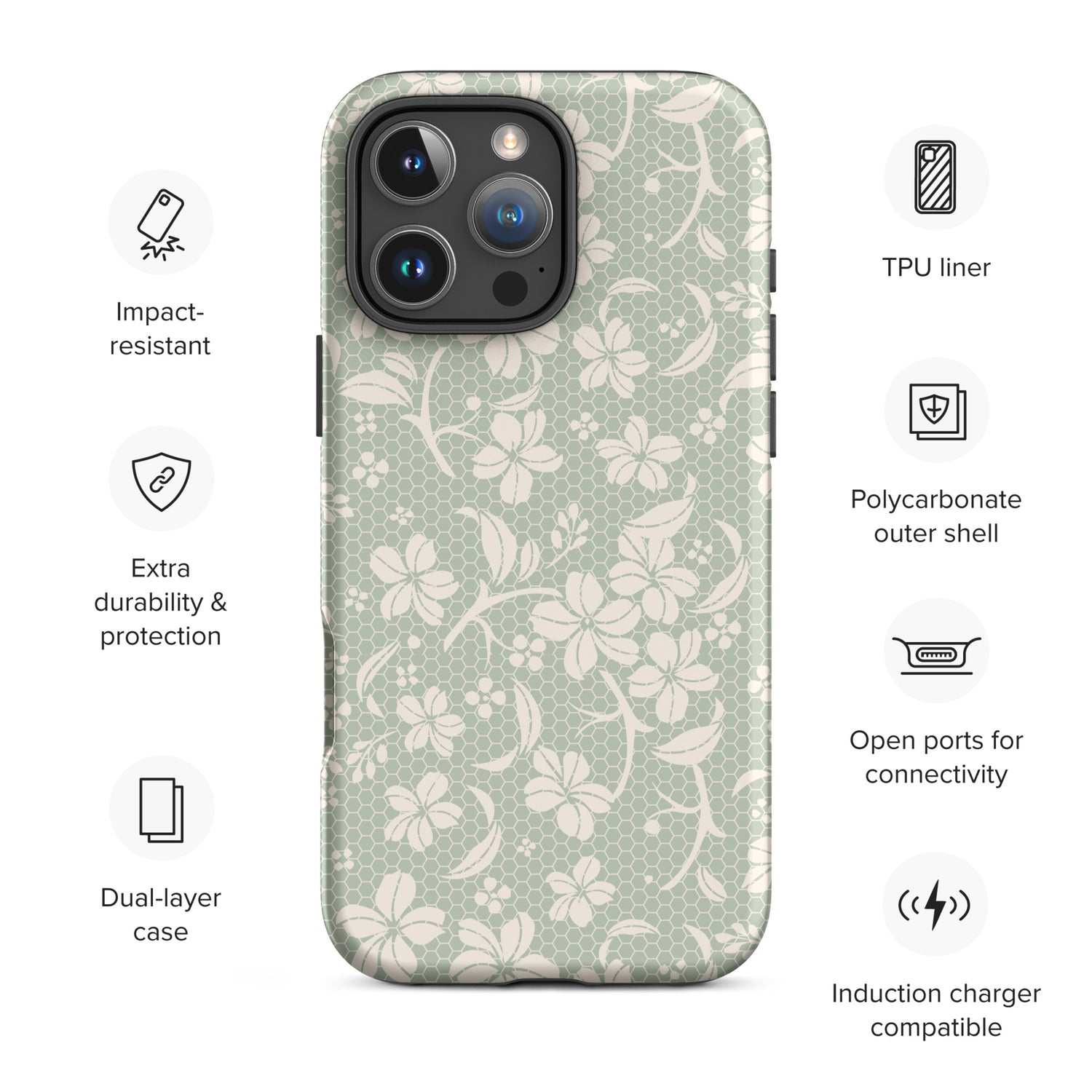 Sage Lace Floral Tough Case for iPhone