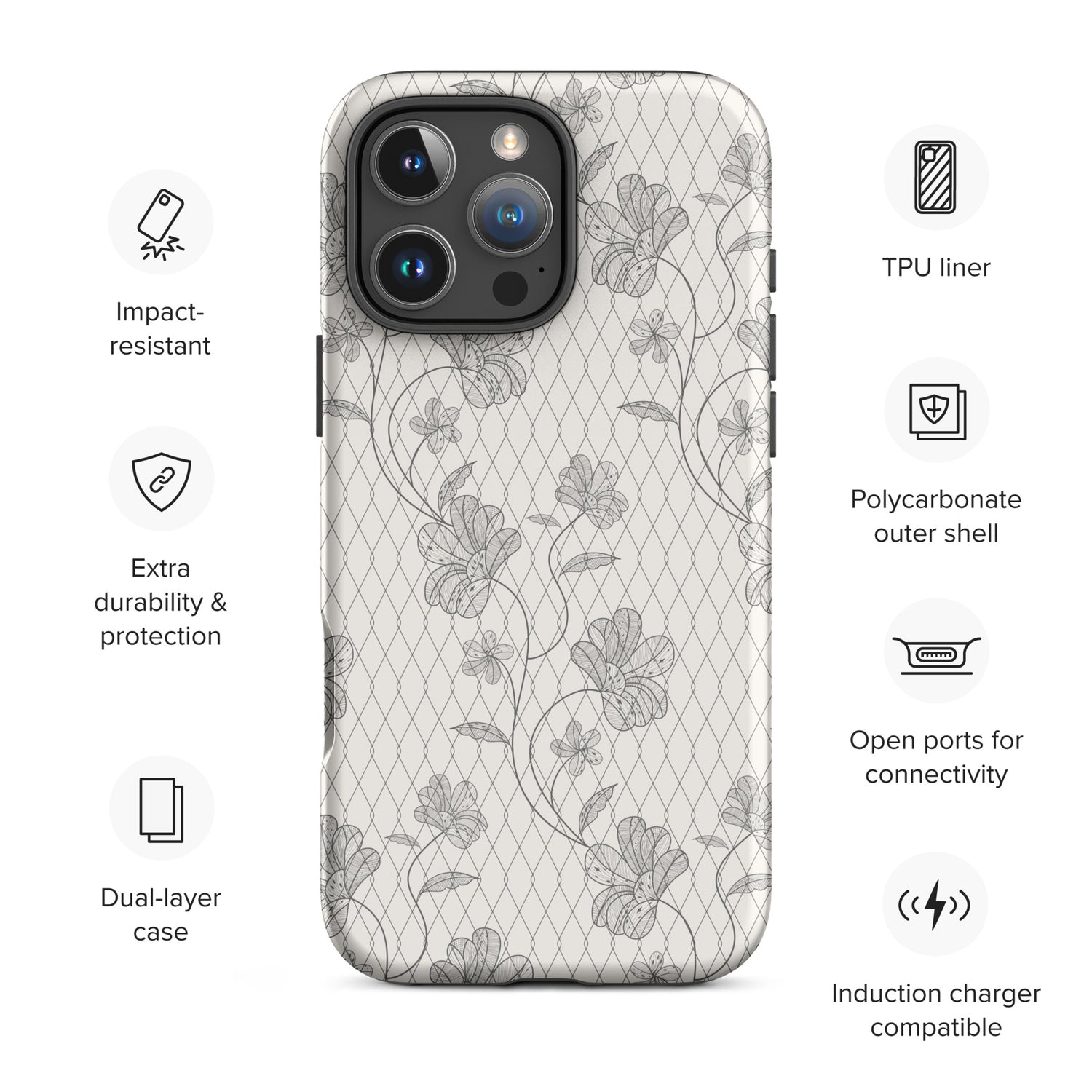 Porcelain Cream Floral Lattice Tough Case for iPhone