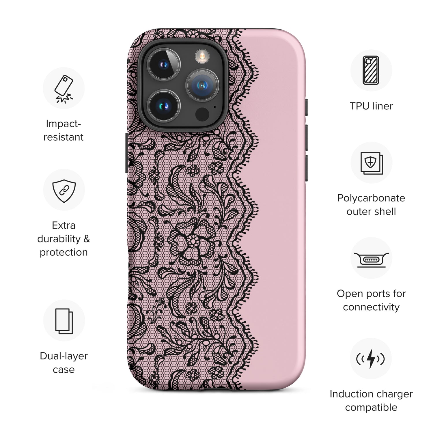 Blush Pink Black Lace Edge Tough Case for iPhone